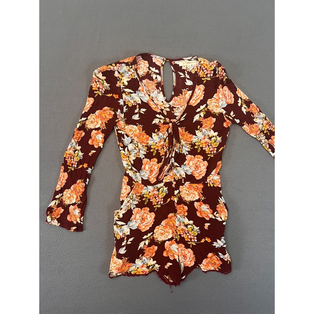 Rewind XS Romper Burgundy Purple Pink Floral L/S Rayon Tie‎ Collar Blouse Shirt